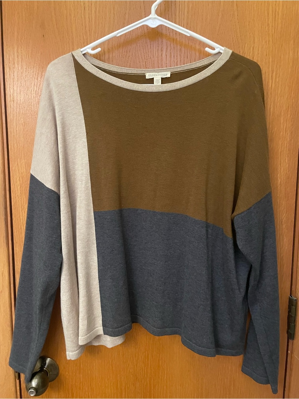 Eileen Fisher Colorblock Crewneck Sweater - Olive, Charcoal & Cream size L